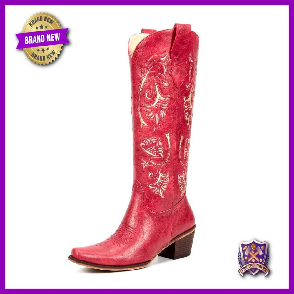 Floral Embroidered Cowboy Boots Pointed Toe Chunky Heel Retro Vintage Classic